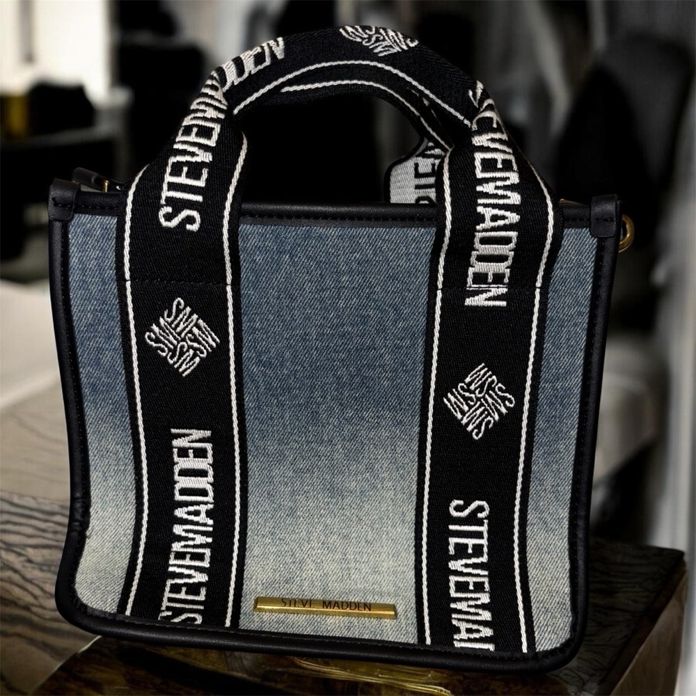 Steve Madden Bwebber D Ombré Blue Denim Tote with Black Logo Straps